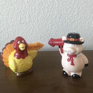 Vintage Russ Thanksgiving Salt Pepper Shakers Eat Turkey Eat Pork Ceramic Set